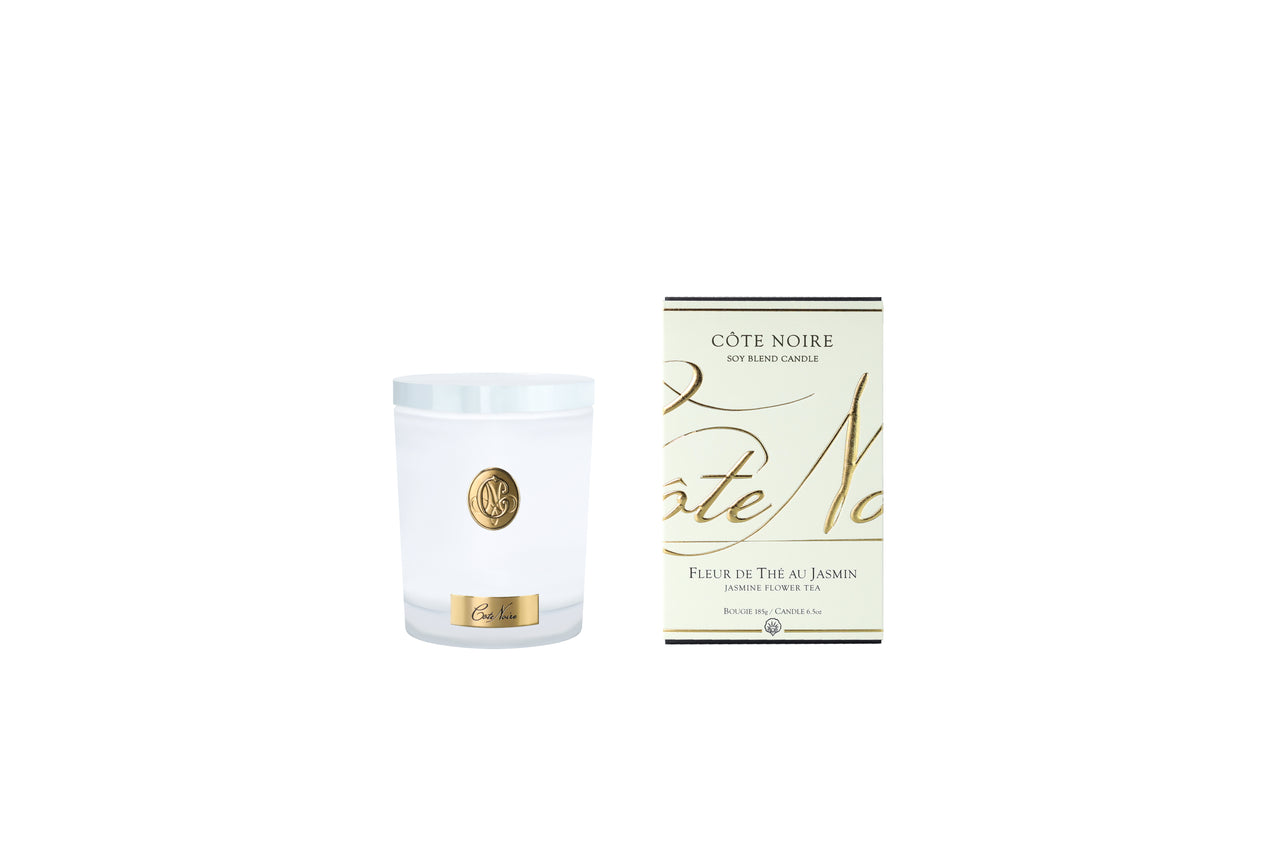 NEW Cote Noire Soy 185g Candle - White Vessel with Gold Badge -  Jasmine Flower Tea- CWG18520