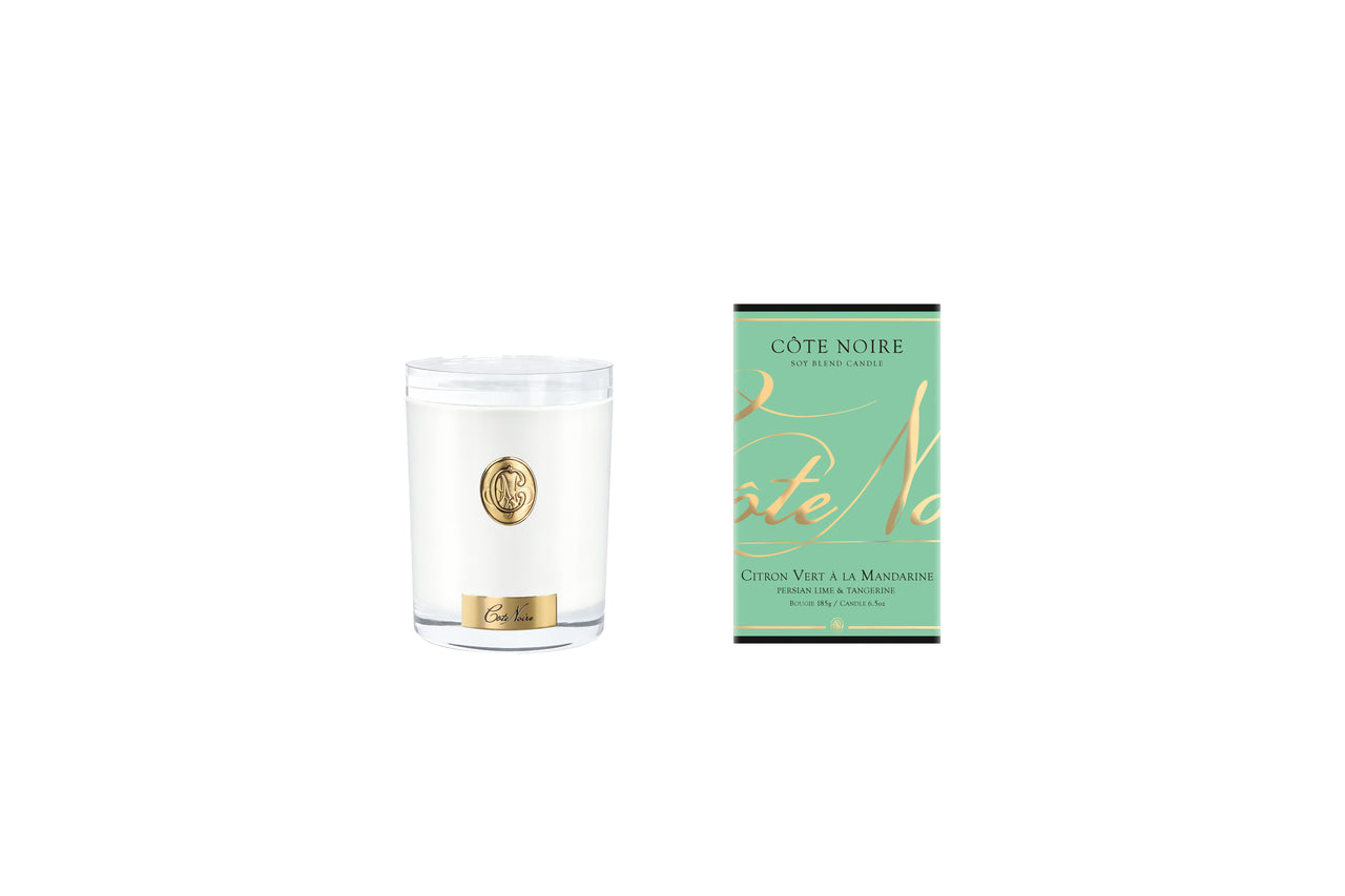 NEW Cote Noire Soy 185g Candle - White Vessel with Gold Badge - Persian Lime - CWG18522