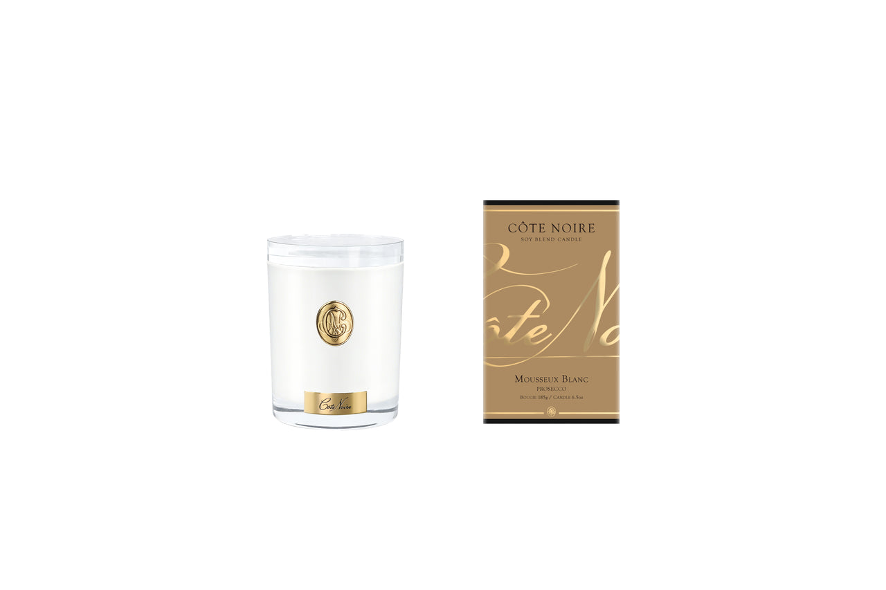 NEW Cote Noire Soy 185g Candle - White Vessel with Gold Badge - Prosecco - CWG18532