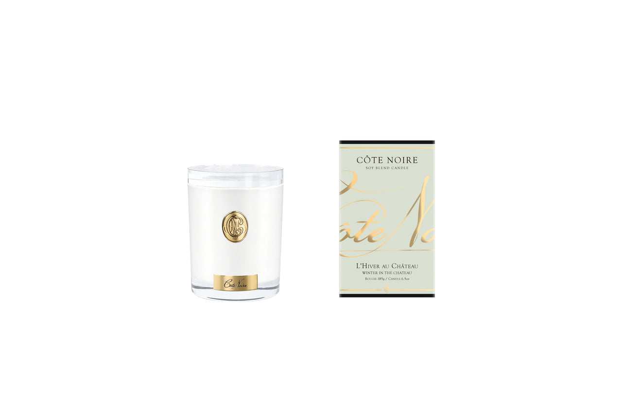 NEW Cote Noire Soy 185g Candle - White Vessel with Gold Badge - Winter in the Chateau - CWG18553