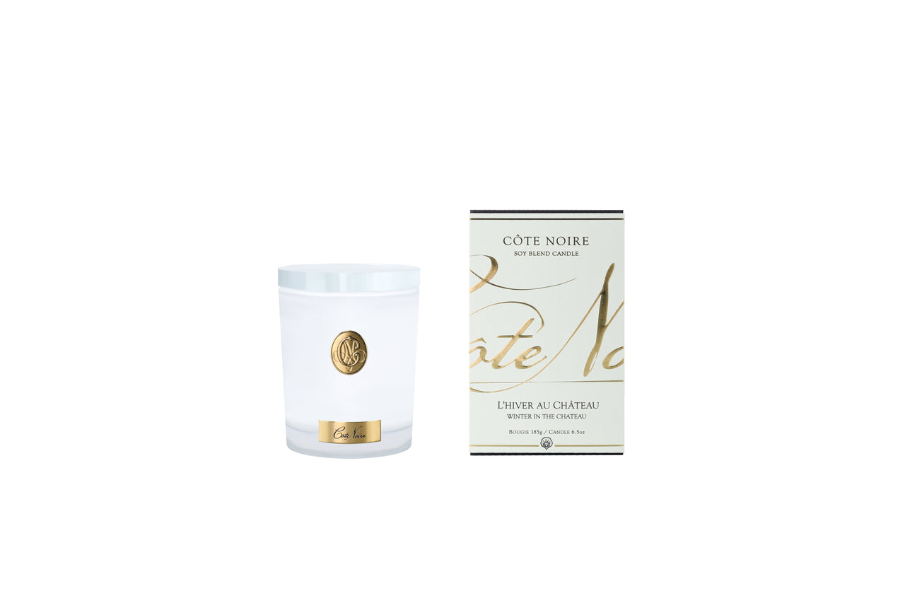 NEW Cote Noire Soy 185g Candle - White Vessel with Gold Badge - Winter in the Chateau - CWG18553