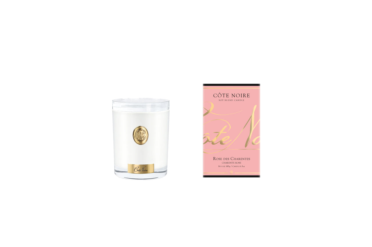 NEW Cote Noire Soy 185g Candle - White Vessel with Gold Badge - Charente Rose - CWG18554