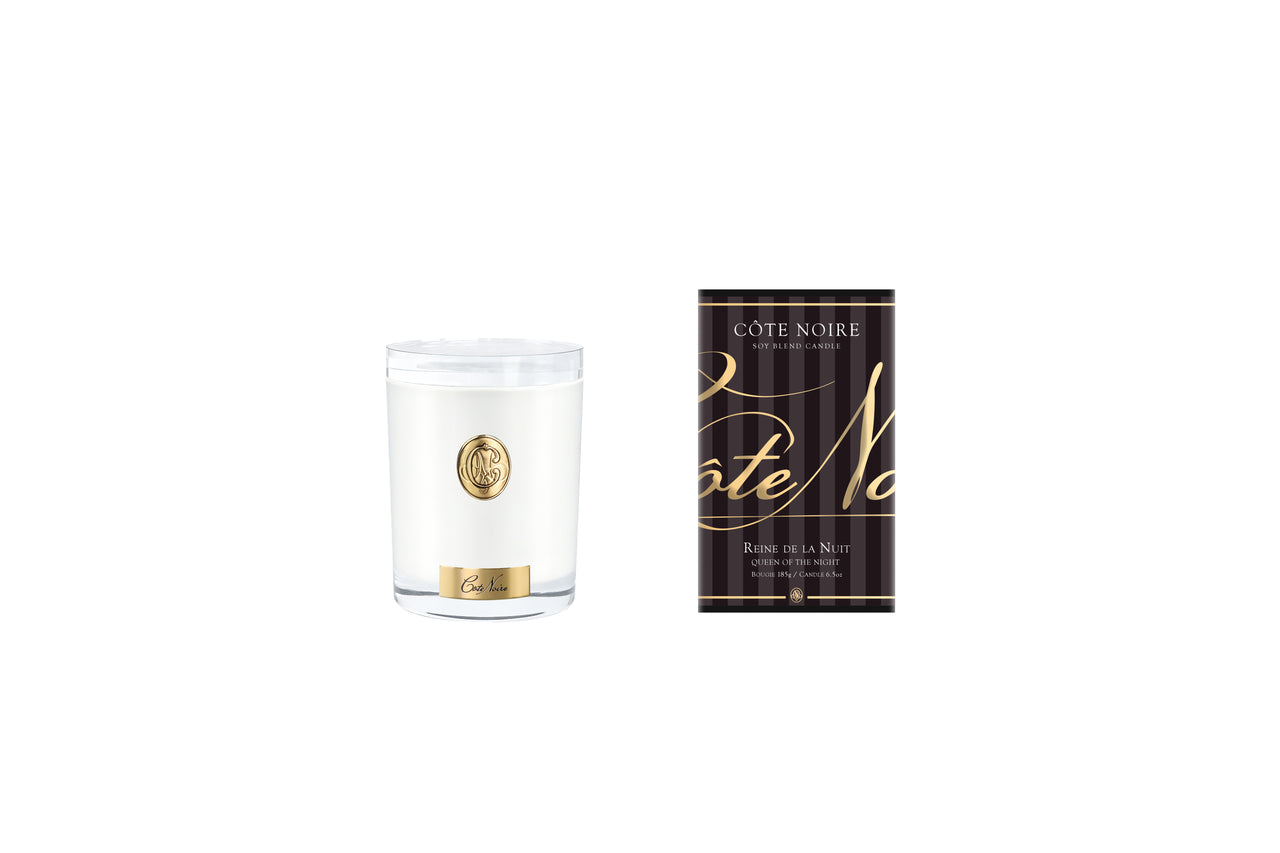 NEW Cote Noire Soy 185g Candle - White Vessel with Gold Badge - Queen of the Night - CWG18555