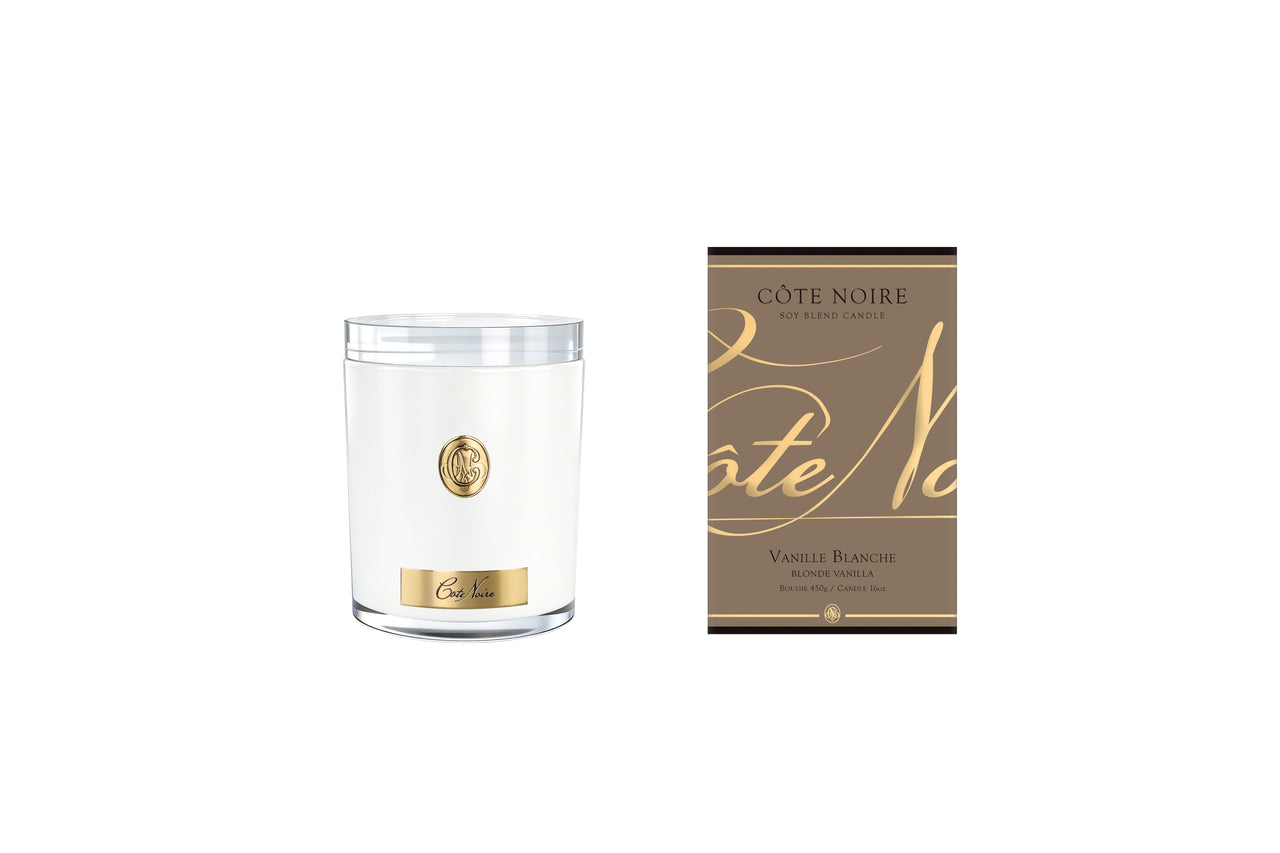 NEW - Cote Noire Soy Candle 450g - White Vessel with Gold Badge - Blonde Vanilla - CWG45003