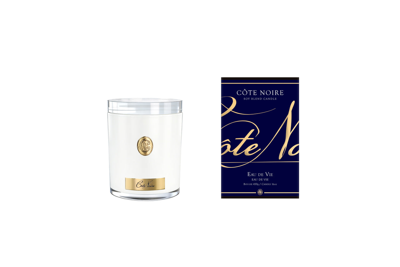 NEW - Cote Noire Soy Candle 450g - White Vessel with Gold Badge - Eau De Vie - CWG45005