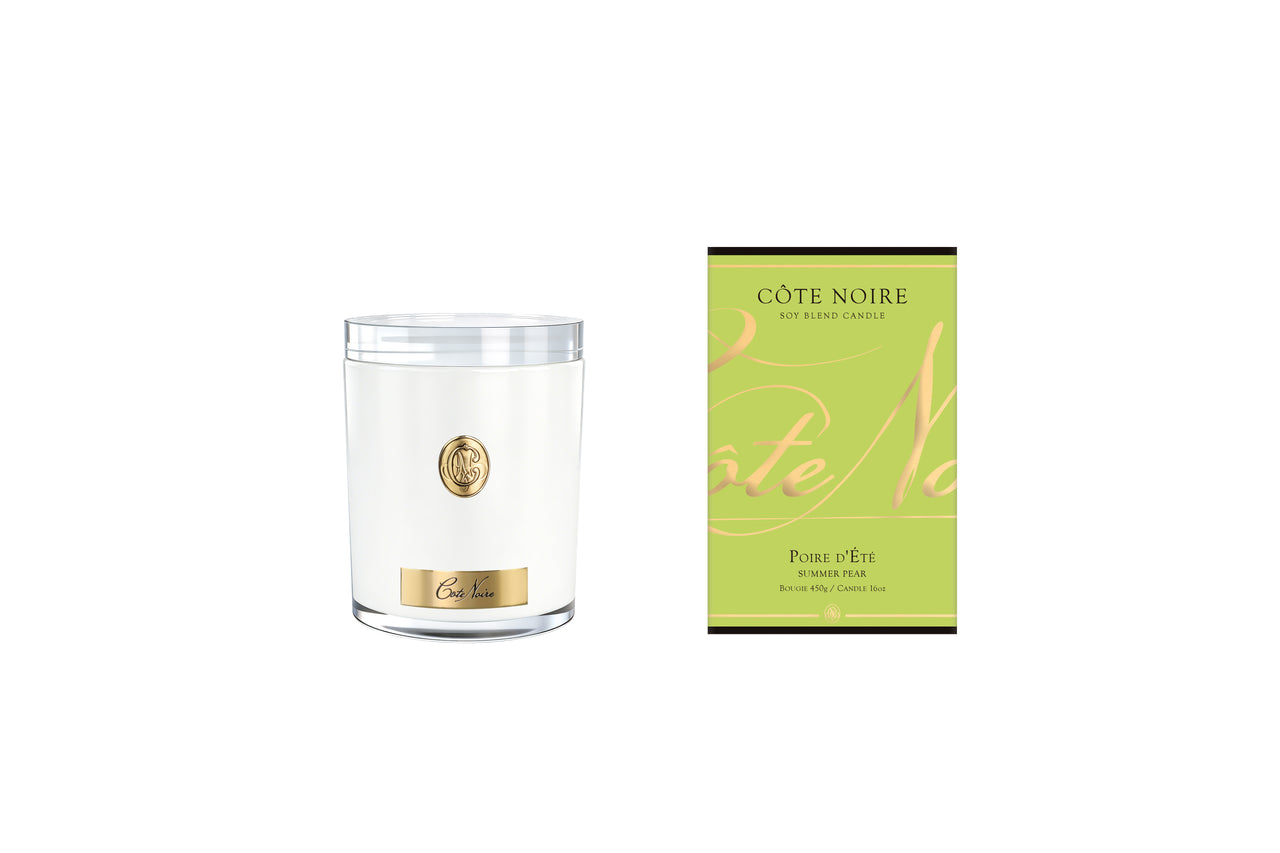NEW - Cote Noire Soy Candle 450g - White Vessel with Gold Badge - Summer Pear - CWG45014