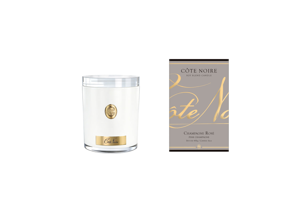 NEW - Cote Noire Soy Candle 450g - White Vessel with Gold Badge - Pink Champagne - CWG45018
