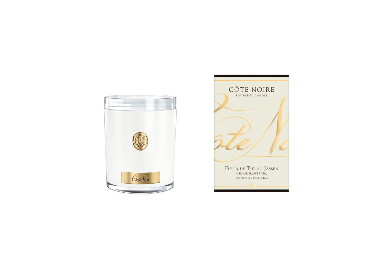 NEW - Cote Noire Soy Candle 450g - White Vessel with Gold Badge - Jasmine Flower Tea - CWG45020
