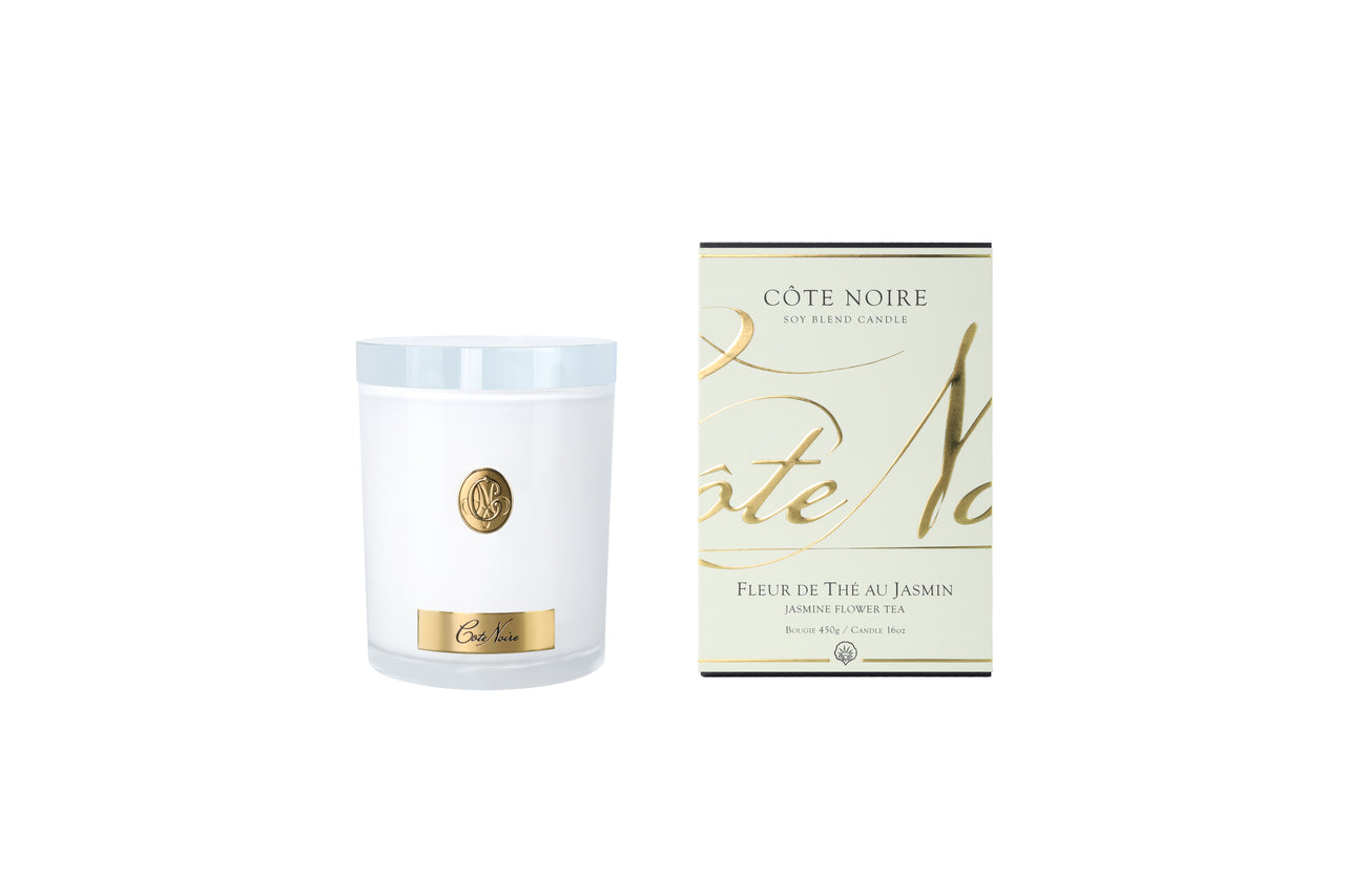 NEW - Cote Noire Soy Candle 450g - White Vessel with Gold Badge - Jasmine Flower Tea - CWG45020