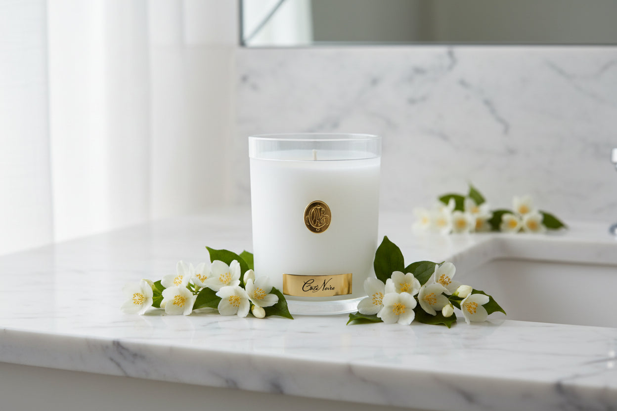 NEW Cote Noire Soy 185g Candle - White Vessel with Gold Badge -  Jasmine Flower Tea- CWG18520