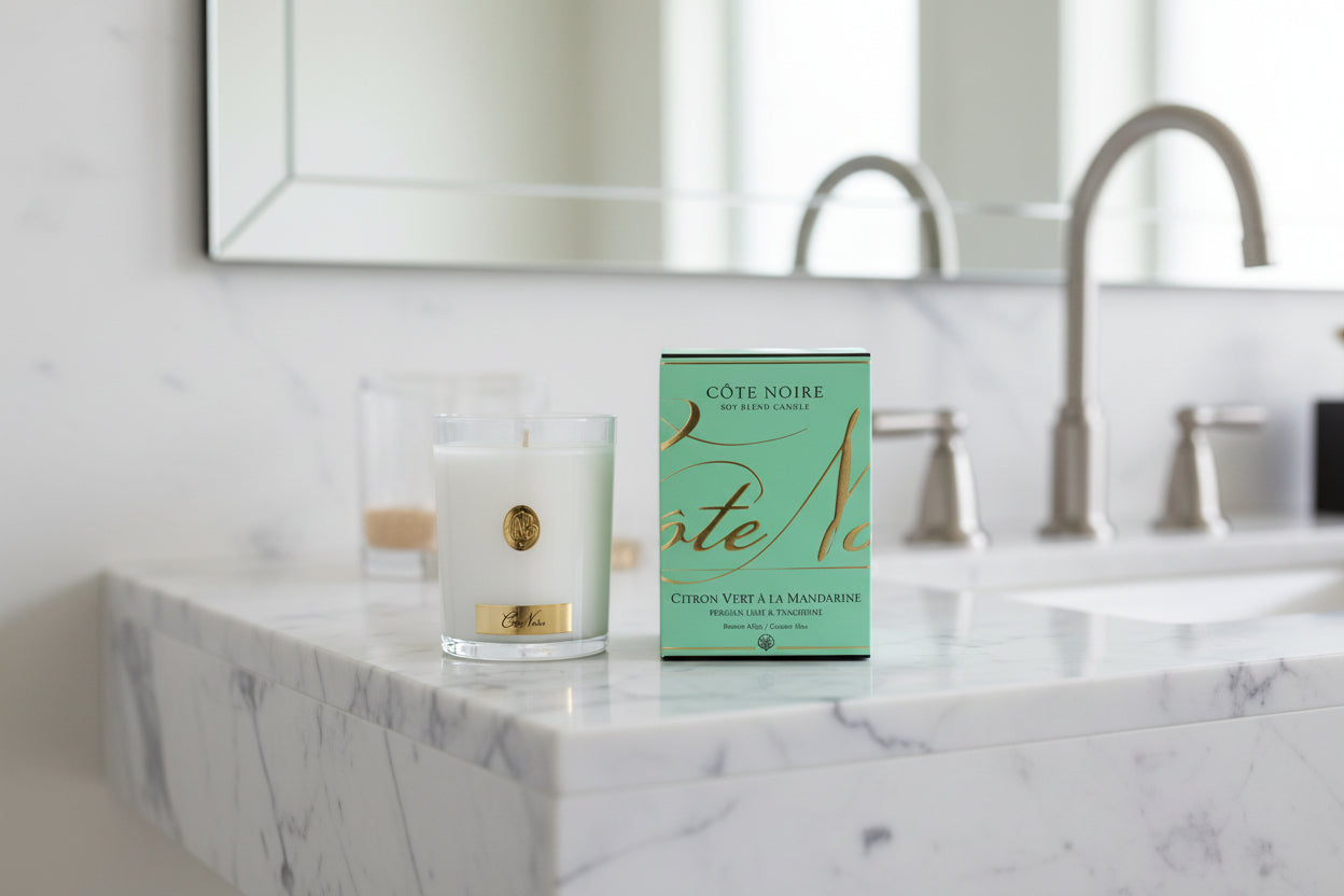 NEW Cote Noire Soy 185g Candle - White Vessel with Gold Badge -  Persian Lime - CWG18522
