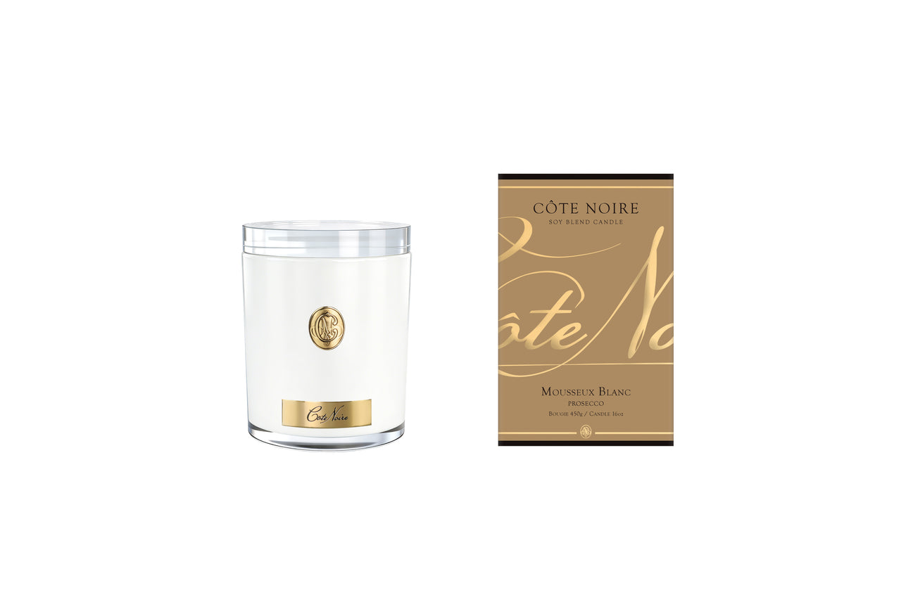 NEW - Cote Noire Soy Candle 450g - White Vessel with Gold Badge - Prosecco - CWG45032