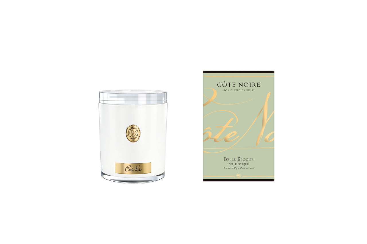 NEW - Cote Noire Soy Candle 450g - White Vessel with Gold Badge - Belle Epoque - CWG45040