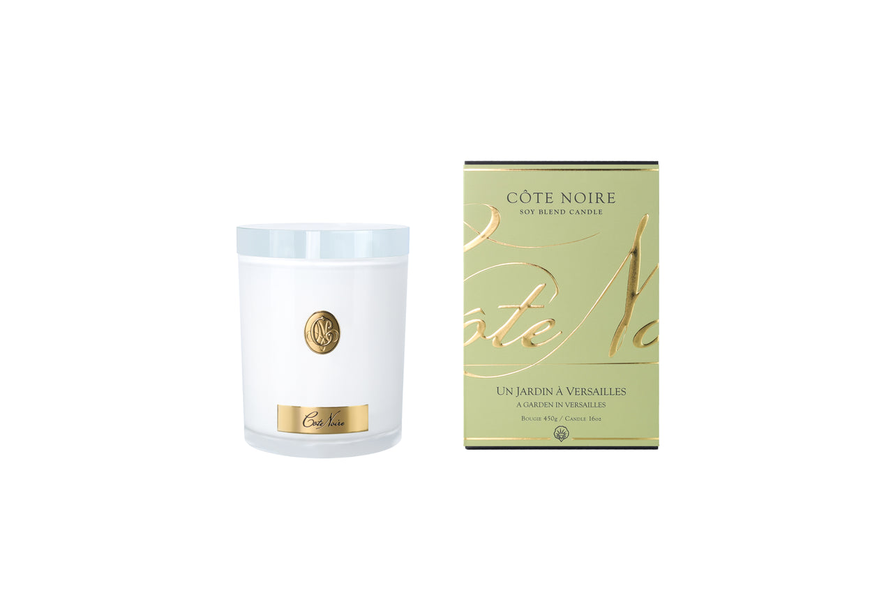 NEW - Cote Noire Soy Candle 450g - White Vessel with Gold Badge - A Garden in Versailles - CWG45041