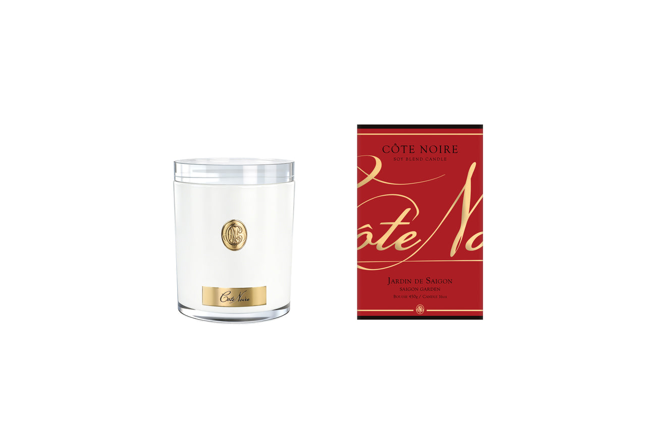 NEW - Cote Noire Soy Candle 450g - White Vessel with Gold Badge - Saigon Garden - CWG45042