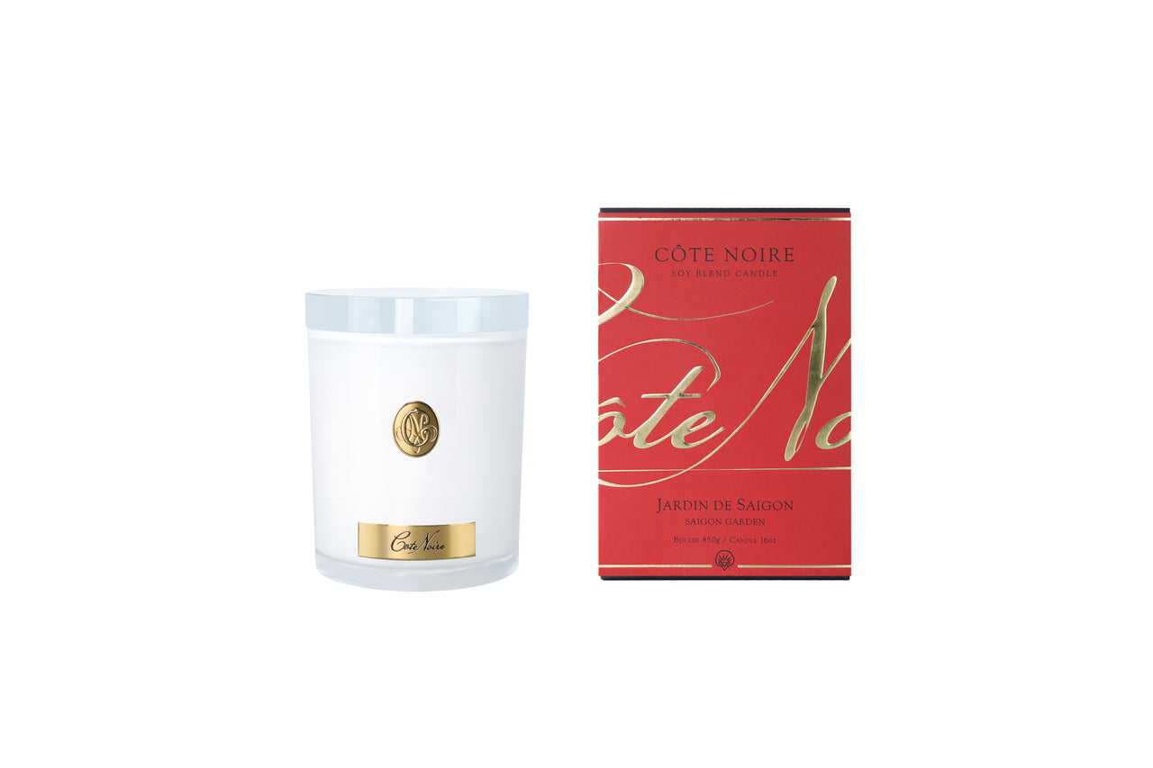 NEW - Cote Noire Soy Candle 450g - White Vessel with Gold Badge - Saigon Garden - CWG45042