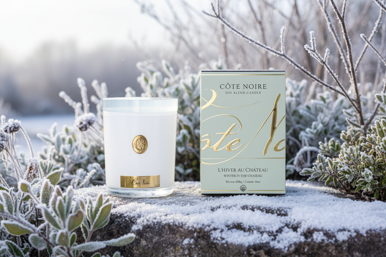 NEW - Cote Noire Soy Candle 450g - White Vessel with Gold Badge - Winter in the Chateau - CWG45053