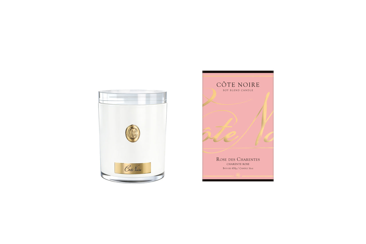 NEW - Cote Noire Soy Candle 450g - White Vessel with Gold Badge - Charente Rose - CWG45054