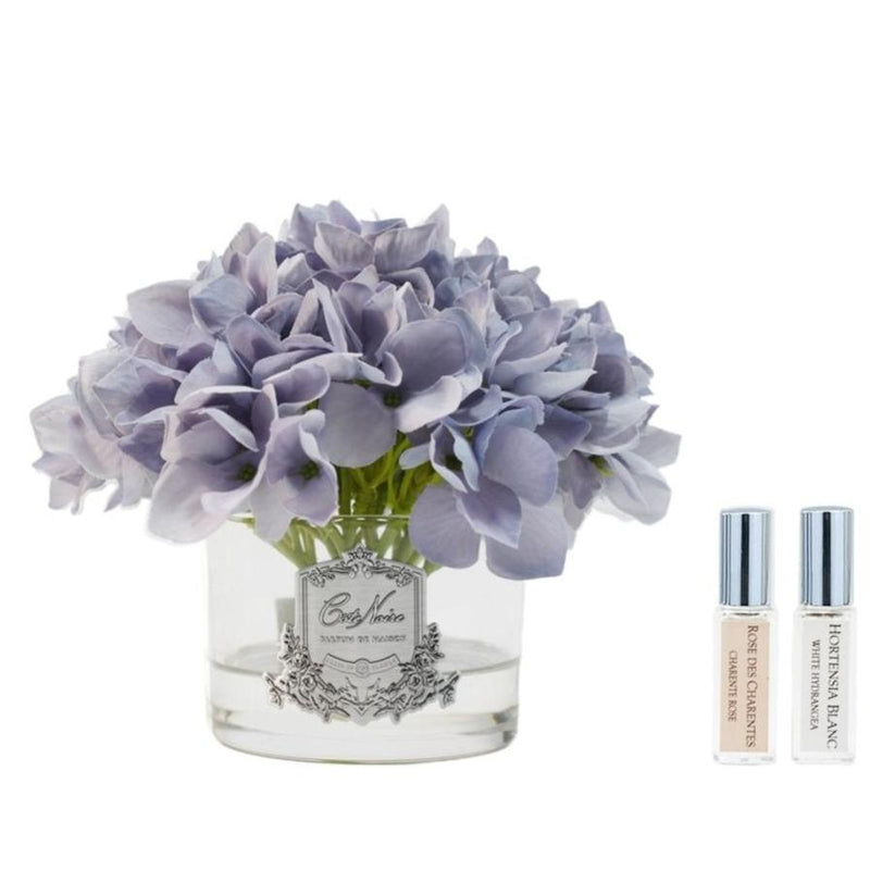 COTE NOIRE HYDRANGEAS IN ROUND VASE - BLUE - SILVER BADGE - GMH05