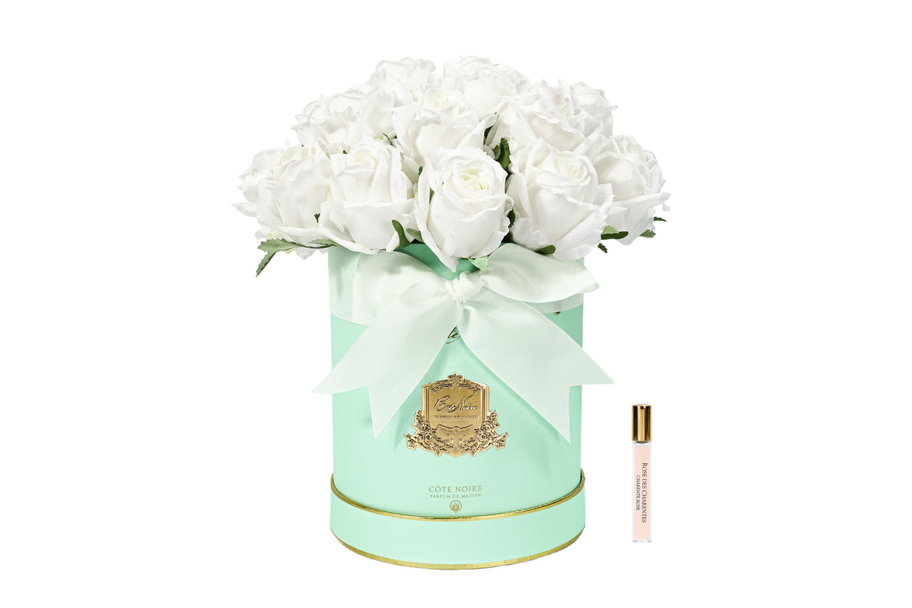NEW - Cote Noire Hat Box Bouquet -Tiffany Blue Box with White Rose Buds- HBB01