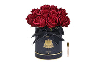 NEW - Cote Noire Hat Box Bouquet - Black Box with Red Rose Buds - HBB04