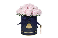 NEW - Cote Noire Hat Box Bouquet - Navy Box with Pink Rose Bud - HBB06