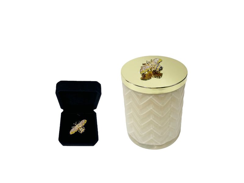 Cote Noire Blonde Vanilla scented Herringbone Candle with Scarf - Cream & Gold - Gold Bee Brooch