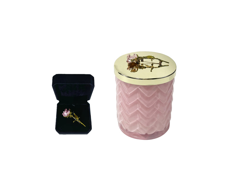 Cote Noire Charente Rose scented Herringbone Candle with Scarf - Pink & Gold - Rose Brooch - HCG04