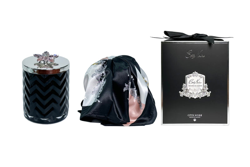 Cote Noire Pink Champagne scented Herringbone Candle With Scarf - Black & Silver - Flower Brooch -  HCS02