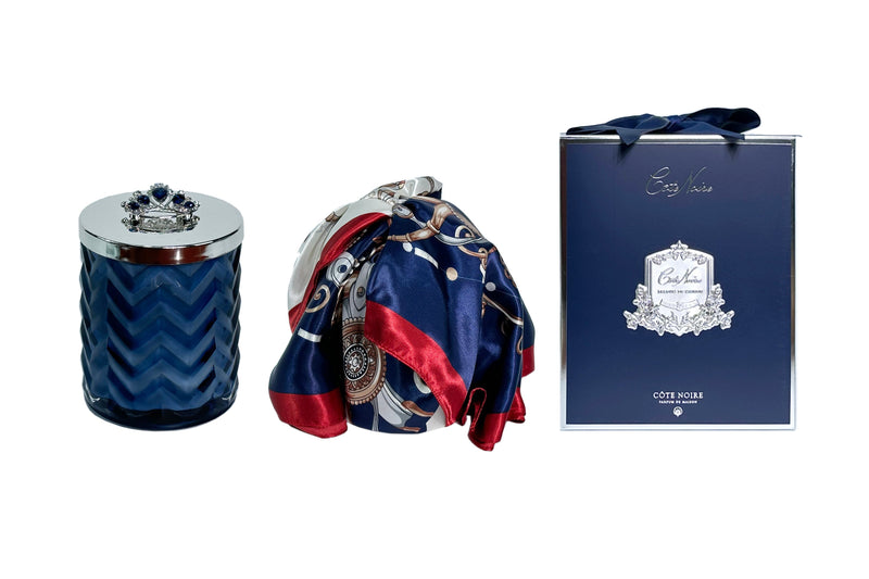 Cote Noire Un Jardin a Versailles scented Herringbone Candle with Scarf - Navy & Silver - Crown Brooch - HCS05