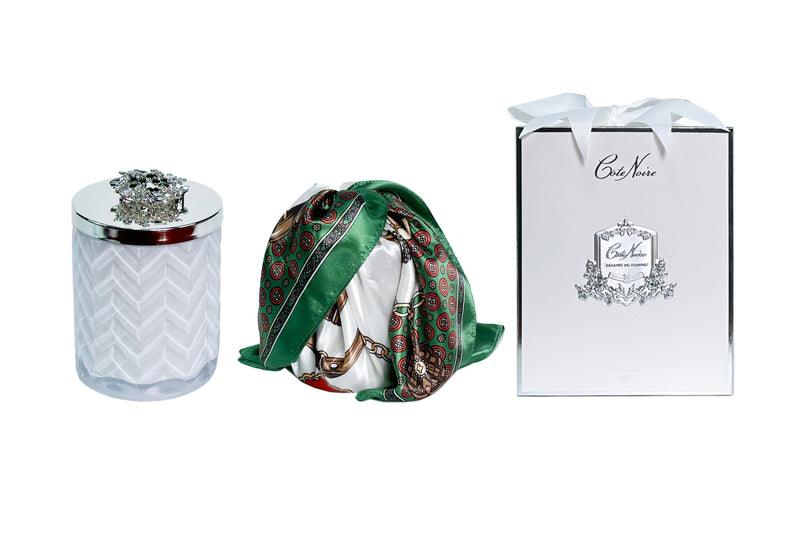 Cote Noire Belle Epoque scented Herringbone Candle with Scarf - White & Silver - Jewel Boxed Brooch - HCS06