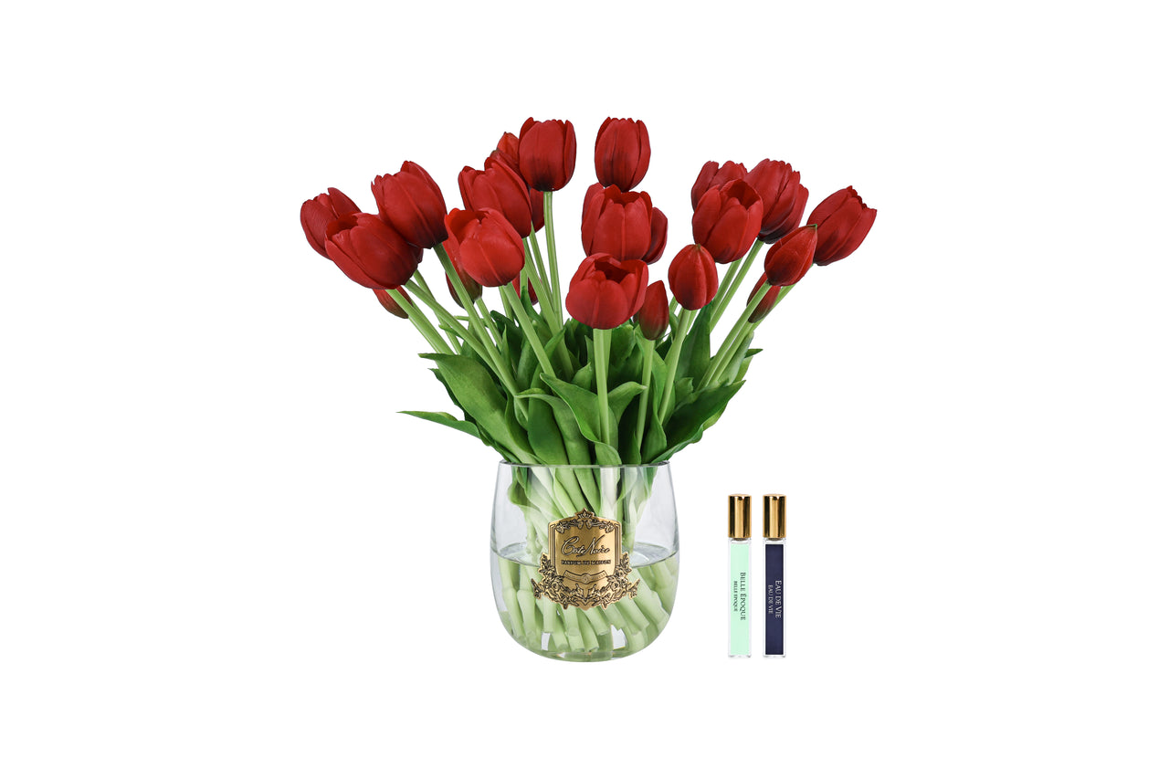 Cote Noire Heritage Tulips - Clear Vase with Gold Badge - Red - HT03