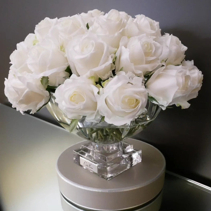 Cote Noire Centrepiece 37 Rose Bud Bouquet - White & Silver Badge - CPRB01