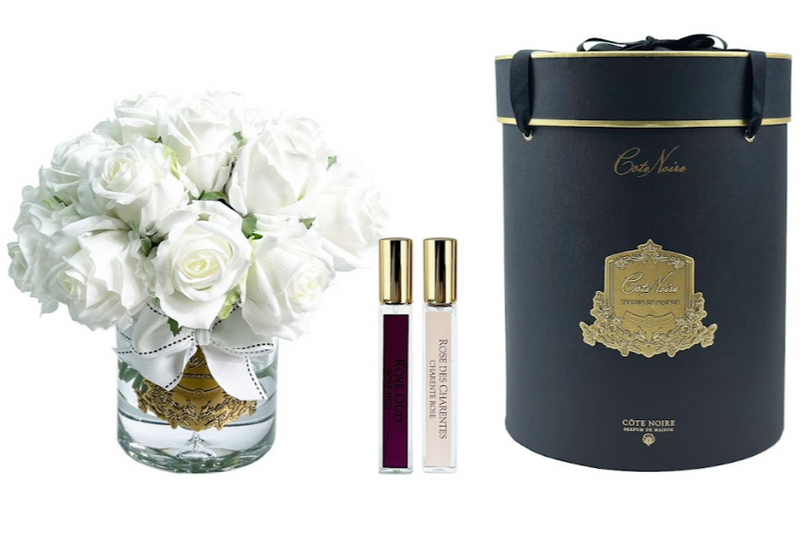 Cote Noire Luxury Grand Rose Bud Bouquet - White - Gold Badge - LRB11