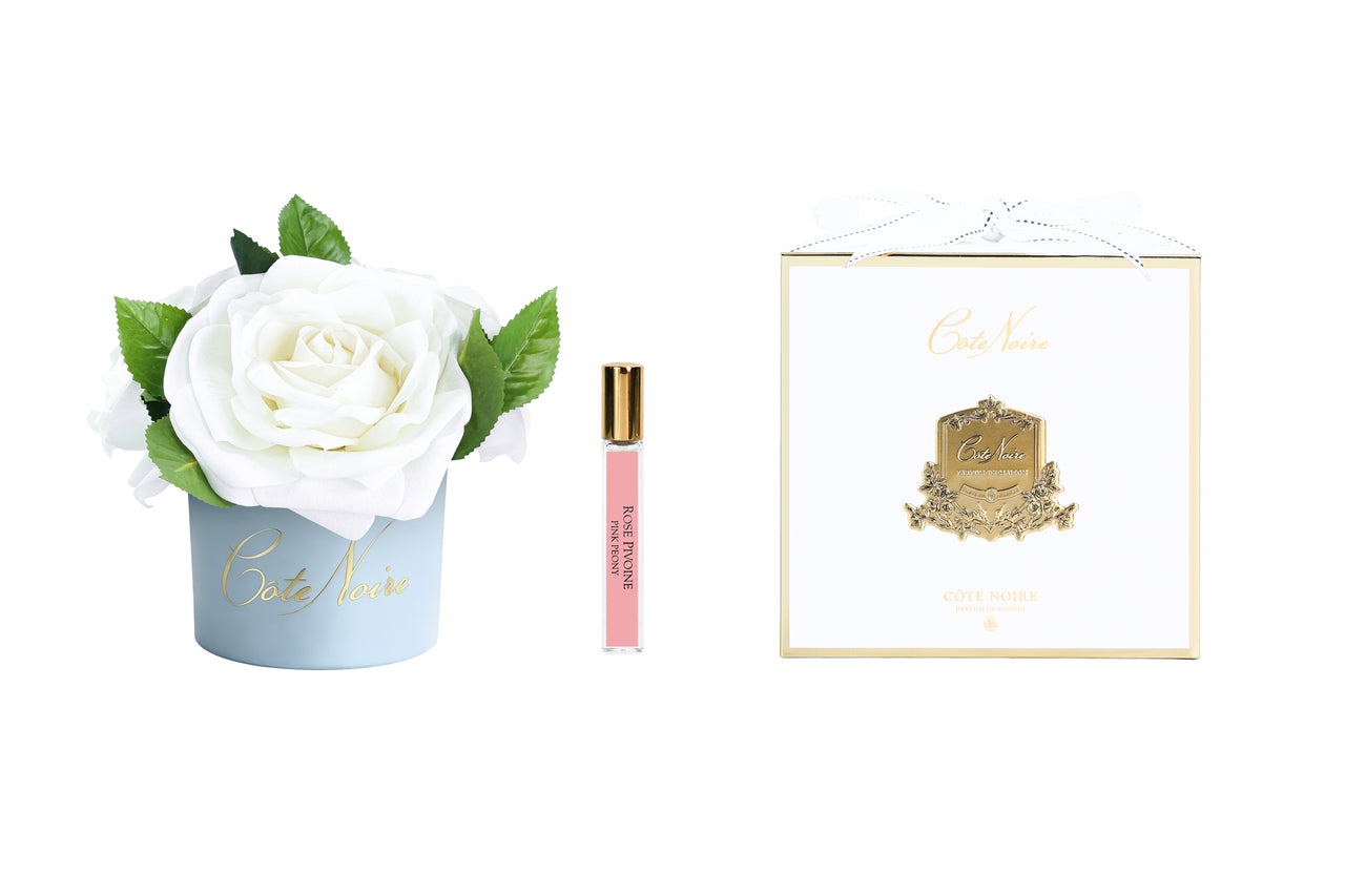 ** CLEARANCE ** Cote Noire Perfumed Natural Touch Tea Roses - White in Blue Vase - LS40
