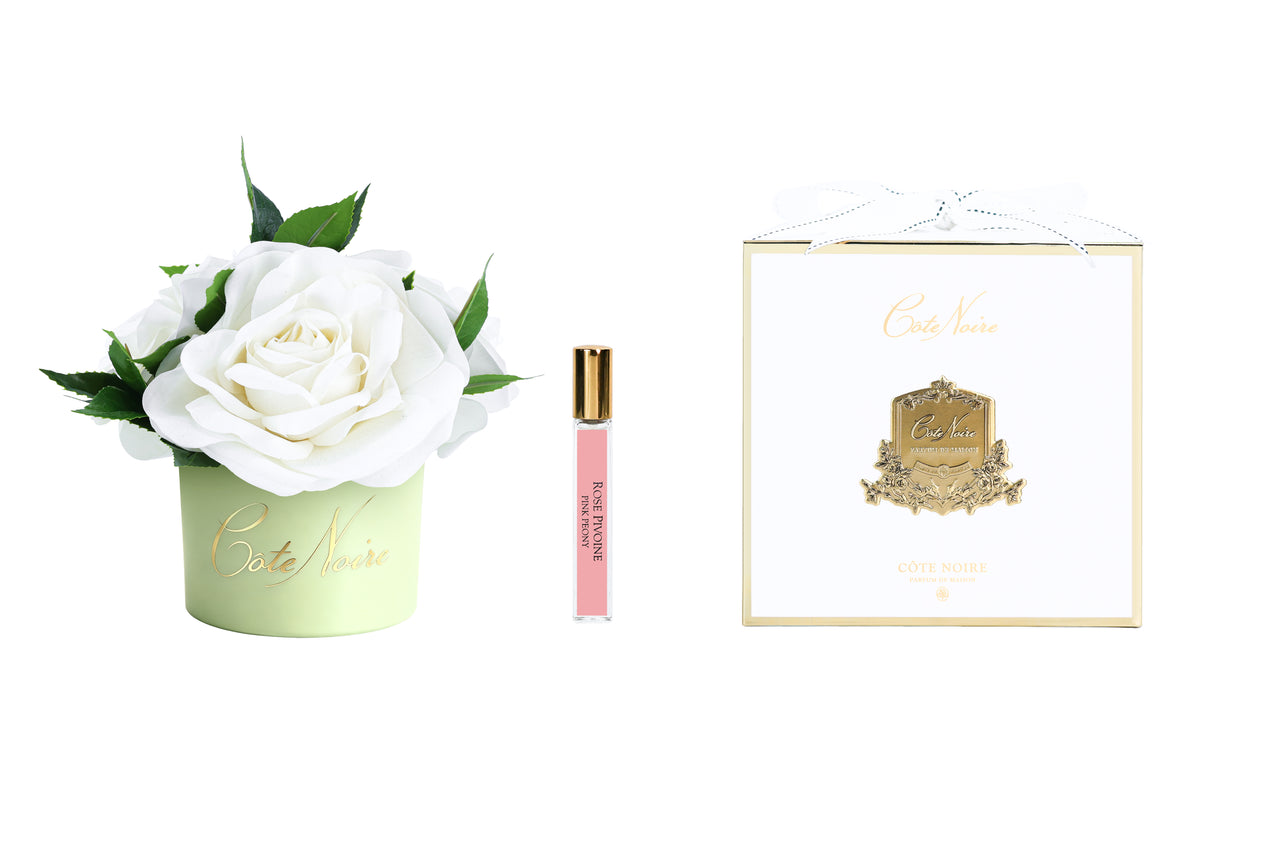 ** CLEARANCE ** Cote Noire Perfumed Natural Touch Tea Roses - White in Green Vase - LS46