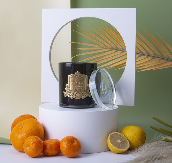 Cote Noire 450g Candle - Dark Vessel with Gold Badge - Persian Lime and Tangerine