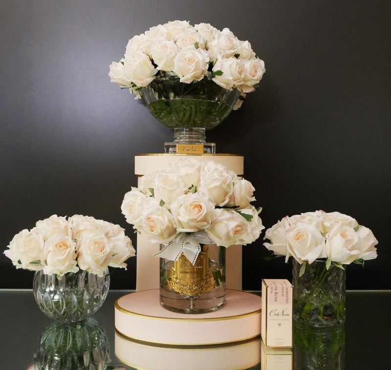 LUXURY CENTREPIECE - 37 ROSEBUDS IN BLUSH & GOLD BADGE - CPRB02