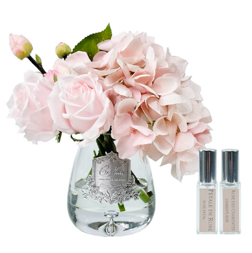 Cote Noire Tea Rose & Hydrangea Bouquet - Clear Tear Drop Glass - PINK - TRH03