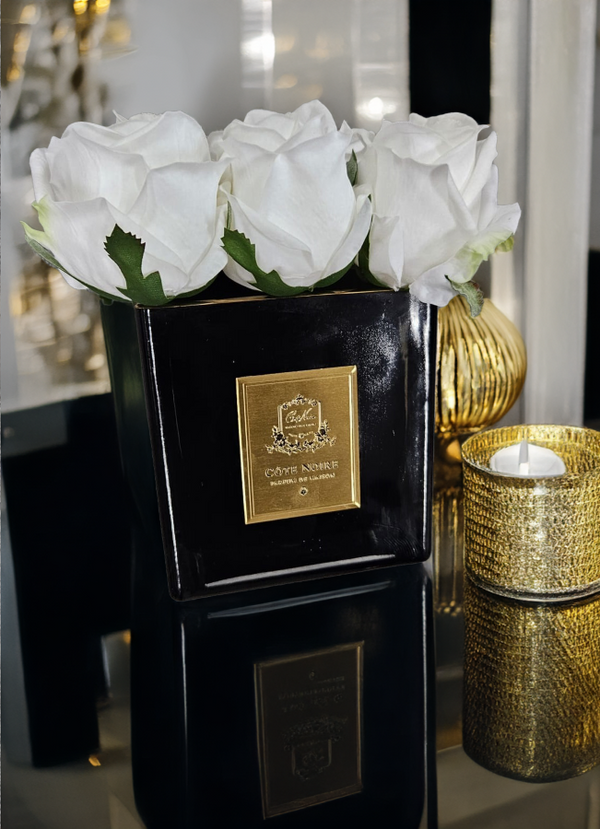 Cote Noire Couture 9 Rose Bud - Square Black Vase Gold & White - SVB901