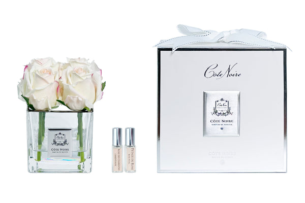 Couture Perfumed Natural Touch 4 Roses - Square Clear Vase Silver & Pink Blush