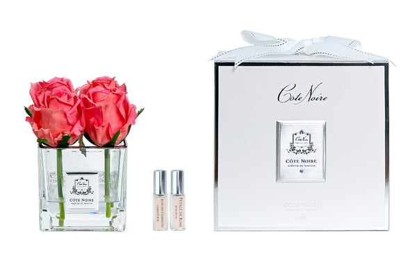 Couture Perfumed Natural Touch 4 Roses - Square Clear Vase Silver & White Peach