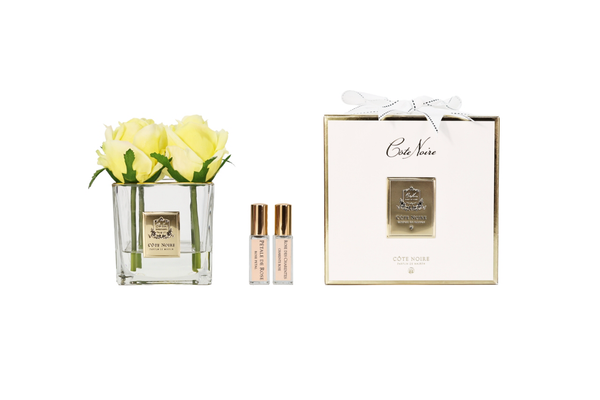 ** NEW LIMITED ** Cote Noire Couture 4 Rose Buds - Square Clear Vase Gold & Yellow - SVC408