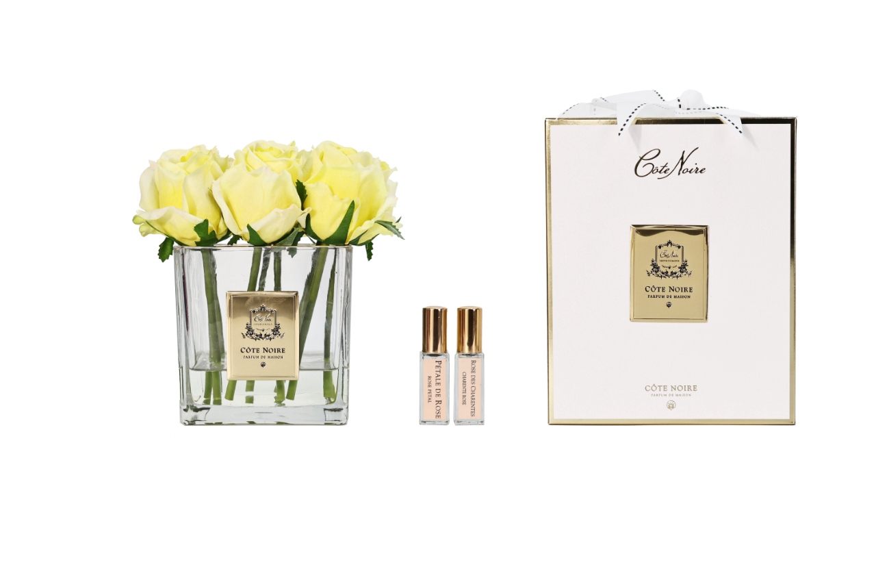 ** NEW - LIMITED ** Cote Noire Couture 9 Rose Buds - Square Clear Vase - Gold & Yellow - SVC908