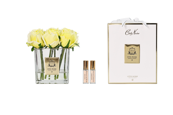 ** NEW - LIMITED ** Cote Noire Couture 9 Rose Buds - Square Clear Vase - Gold & Yellow - SVC908