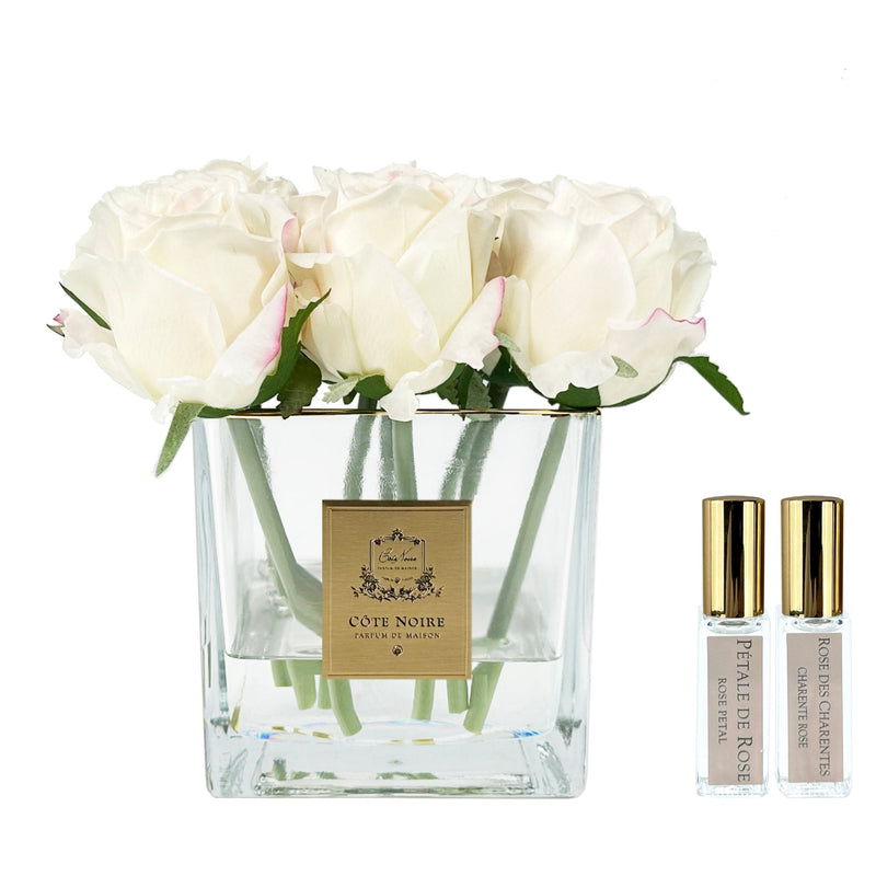 ** LIMITED ** Cote Noire Couture 9 Rose Buds - Square Clear Vase Gold & Pink Blush - SVC902