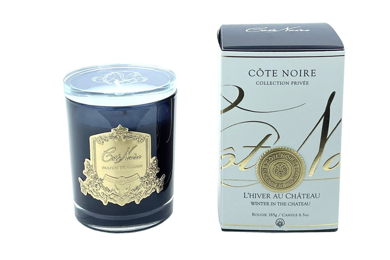 Cote Noire 185g Candle - Dark Vessel with Gold Badge - Winter in the Chateau