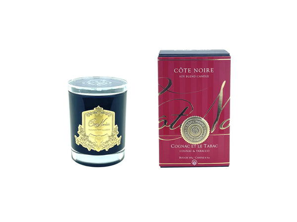 CRYSTAL GLASS LID 185G SOY BLEND CANDLE- Cognac & Tabacco - Gold