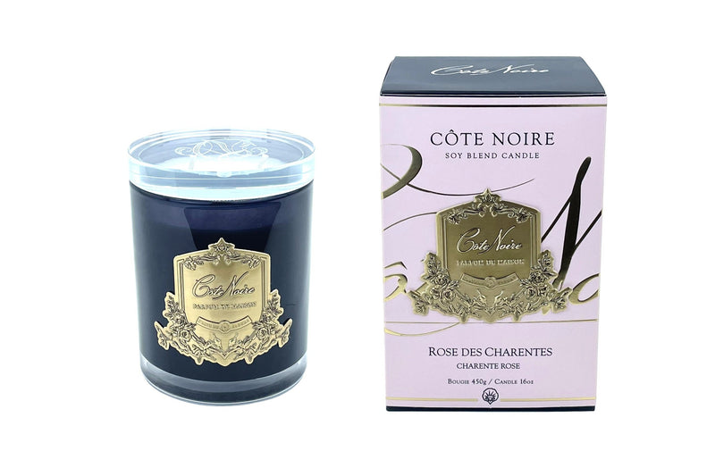 Cote Noire 450g Candle - Dark Vessel with Gold Badge - Charente Rose