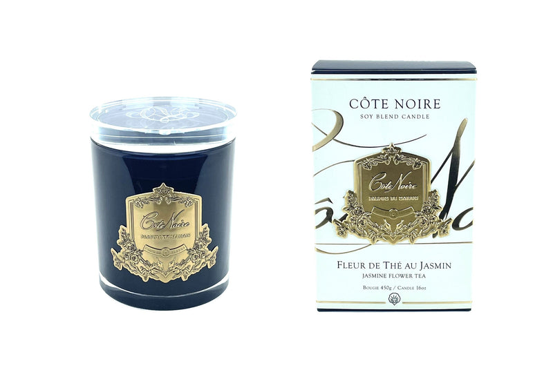 Cote Noire 450g Candle - Dark Vessel with Gold Badge - Jasmine Flower Tea